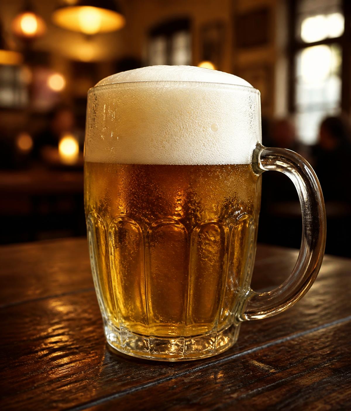Vychlazené točené pivo s pěnou na dřevěném stole